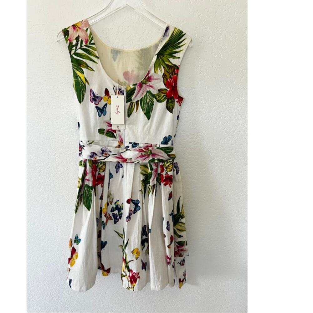 NEW! Derhy Floral Fit & Flare Dress M White Tropical Garden Cotton Sleeveless - Picture 3 of 9